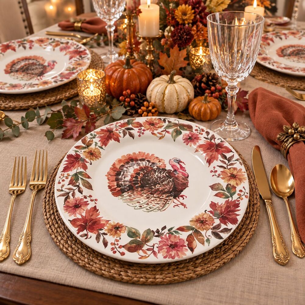 Thanksgiving Turkey Melamine Dinner Plates Set of 4 Fall Foliage Rustic NEW
